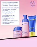KIDS MULTI-VITAMIN FACE WASH
Gentle foaming cleanser
Infused with Vitamins B3 and B5
KIDS MULTI-VITAMIN FACE CREAM
Daily moisturizer to hydrate and smooth
Infused with Vitamins and Omega Fatty Acids
KIDS MINERAL SUNSCREEN LOTION SPF30
Broad-spectrum mineral protection
Shields skin from daily elements
Lightweight formula for everyday wear