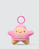 Evereden star plushie keychain: smiling pink and cream plush star with embroidered face and pink clip ring