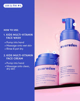 AM & PM
HOW TO USE:
1. KIDS MULTI-VITAMIN FACE WASH
Pump into hand
Massage onto wet skin
Rinse & pat dry
2. KIDS MULTI-VITAMIN FACE CREAM
Pump into hand
Massage onto clean, dry skin