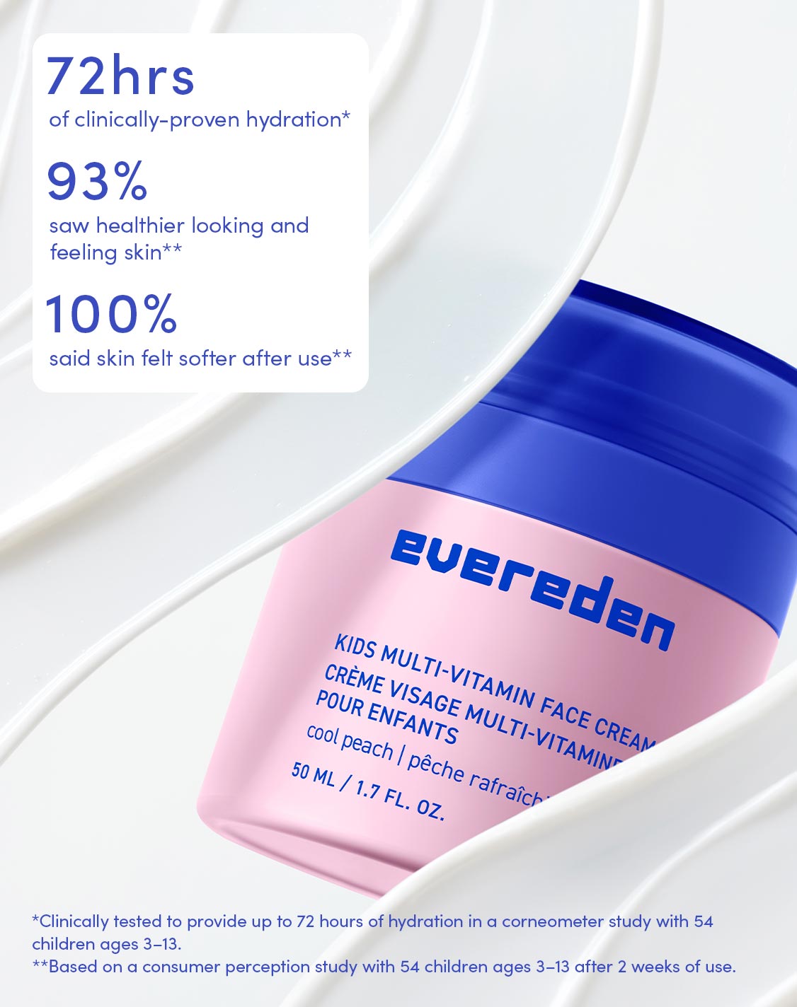 72hrs of clinically-proven hydration*

93% saw healthier looking and feeling skin**

100% said skin felt softer after use**

*Clinically tested to provide up to 72 hours of hydration in a corneometer study with 54 children ages 3–13.
**Based on a consumer perception study with 54 children ages 3–13 after 2 weeks of use.
