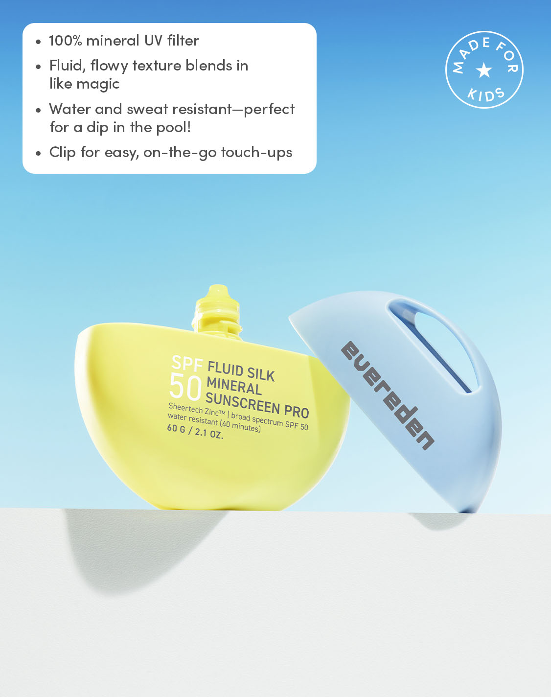 100% mineral UV filter
Fluid, flowy texture blends in like magic
Water and sweat resistant-perfect for a dip in the pool!
Clip for easy, on-the-go touch-ups