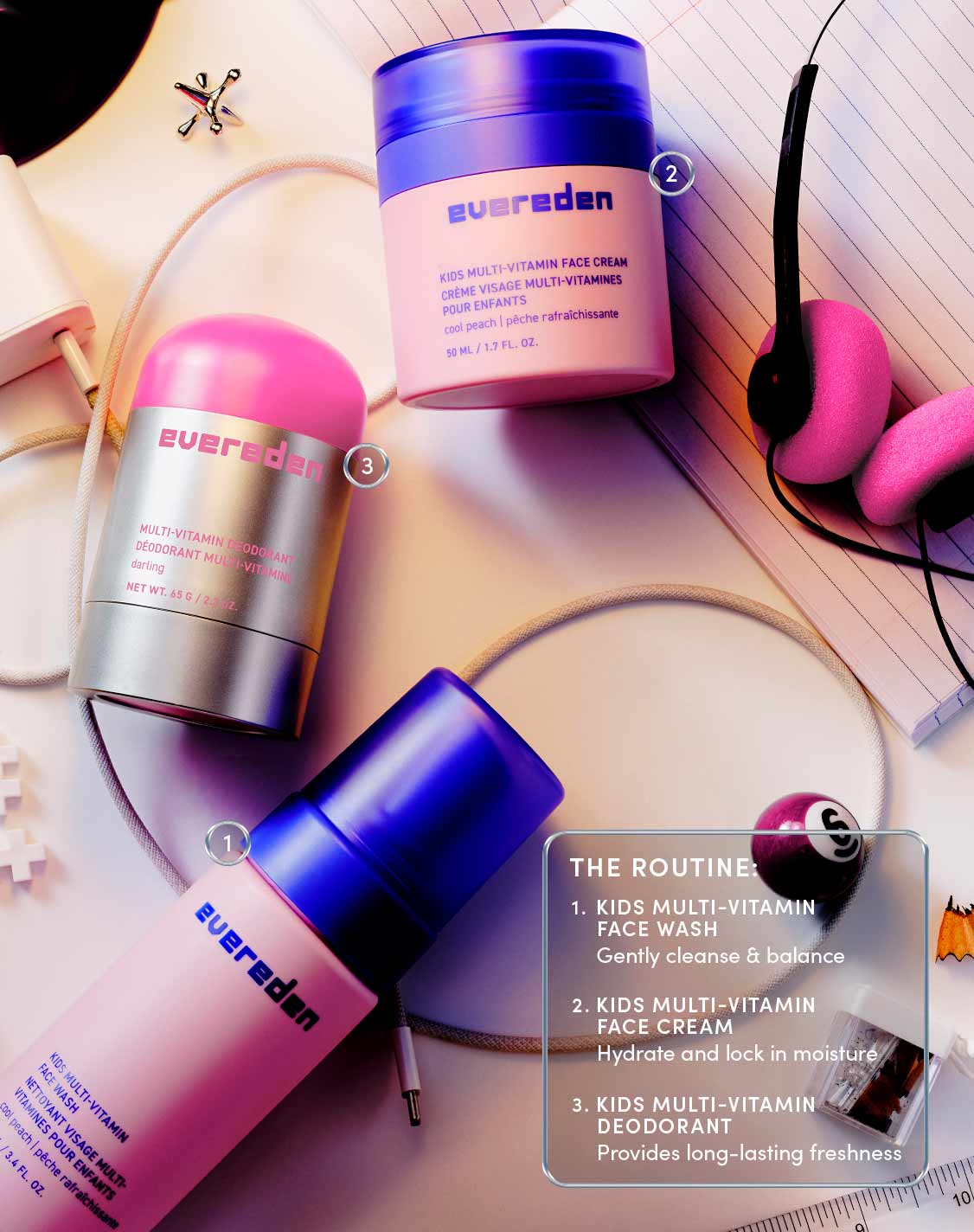 THE ROUTINE:

KIDS MULTI-VITAMIN FACE WASH
Gently cleanse & balance
KIDS MULTI-VITAMIN FACE CREAM
Hydrate and lock in moisture
KIDS MULTI-VITAMIN DEODORANT
Provides long-lasting freshness