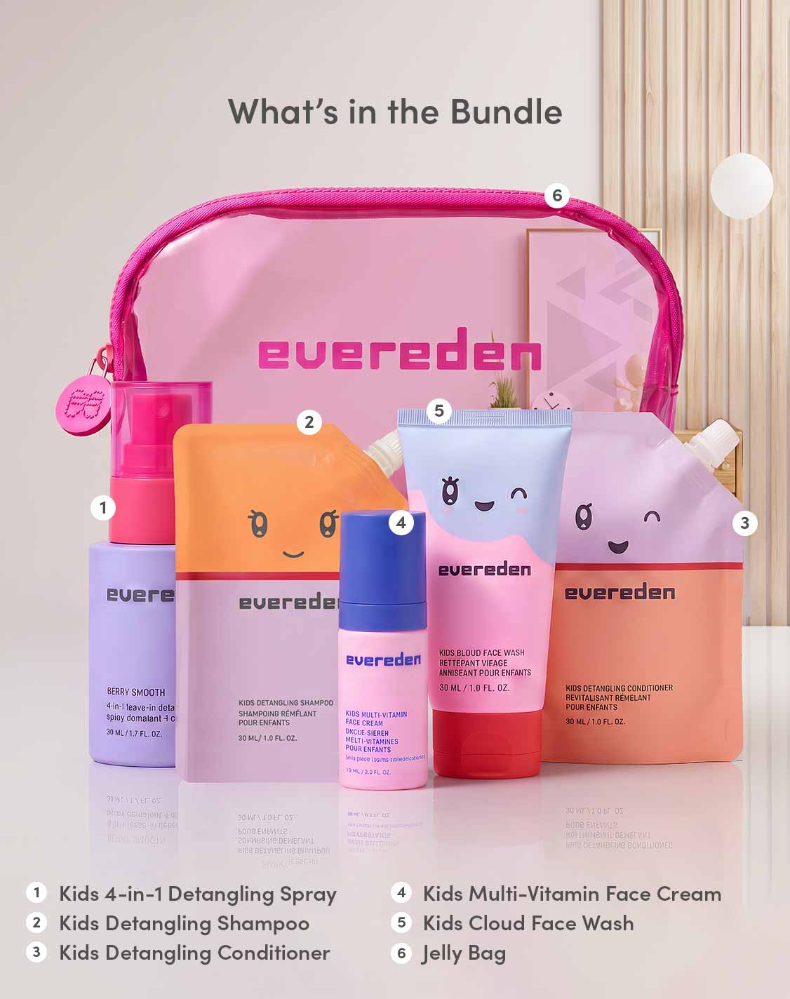 Whats in the bundle
1. Kids 4-in-1 Detangling Spray
2. Kids Detangling Shampoo
3. Kids Detangling Conditioner
4. Kids Multi-Vitamin Face Cream
5. Kids Cloud Face Wash
6. Jelly Bag
