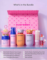 Whats in the bundle 
1 Kids Mutli-Vitamin Face Cream
2. Kids Multi-Vitamin Face Wash
3. Kids Detangling Conditioner
4. Kids Detangling Shampoo
5. Multi-Vitamin Hydrating Face Mist
6. Ruby Red Hydrating Tinted Lip Oil
7. Free Plushie
8. Pink Gift Box