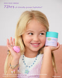 Kids Face Cream: 72 hours of clinically-proven hydration, clinically tested to provide up to 72 hours of hydration in a corneometer study with 54 children ages 3–13. Smiling child holding the Polly Pocket™ × Evereden Kids Multi-Vitamin Face Cream and heart-shaped lip balm.