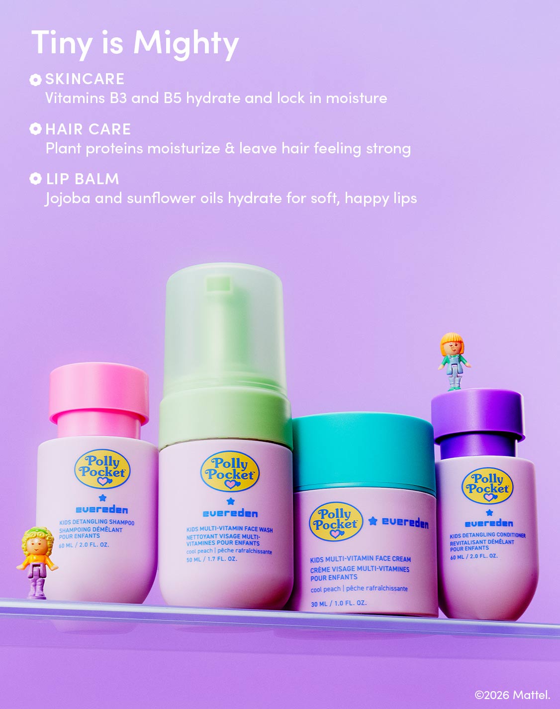 Tiny is Mighty
Skincare: Vitamins B3 and B5 hydrate and lock in moisture
Hair care: Plant proteins moisturize and leave hair feeling strong
Lip balm: Jojoba and sunflower oils hydrate for soft, happy lips