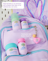 Clean lip balm in an exclusive mini compact that clips on for cuteness you can carry. Exclusive Lip Balm Charm. The heart-shaped Polly Pocket™ × Evereden lip balm clipped to a lilac backpack holding the four travel-size products.