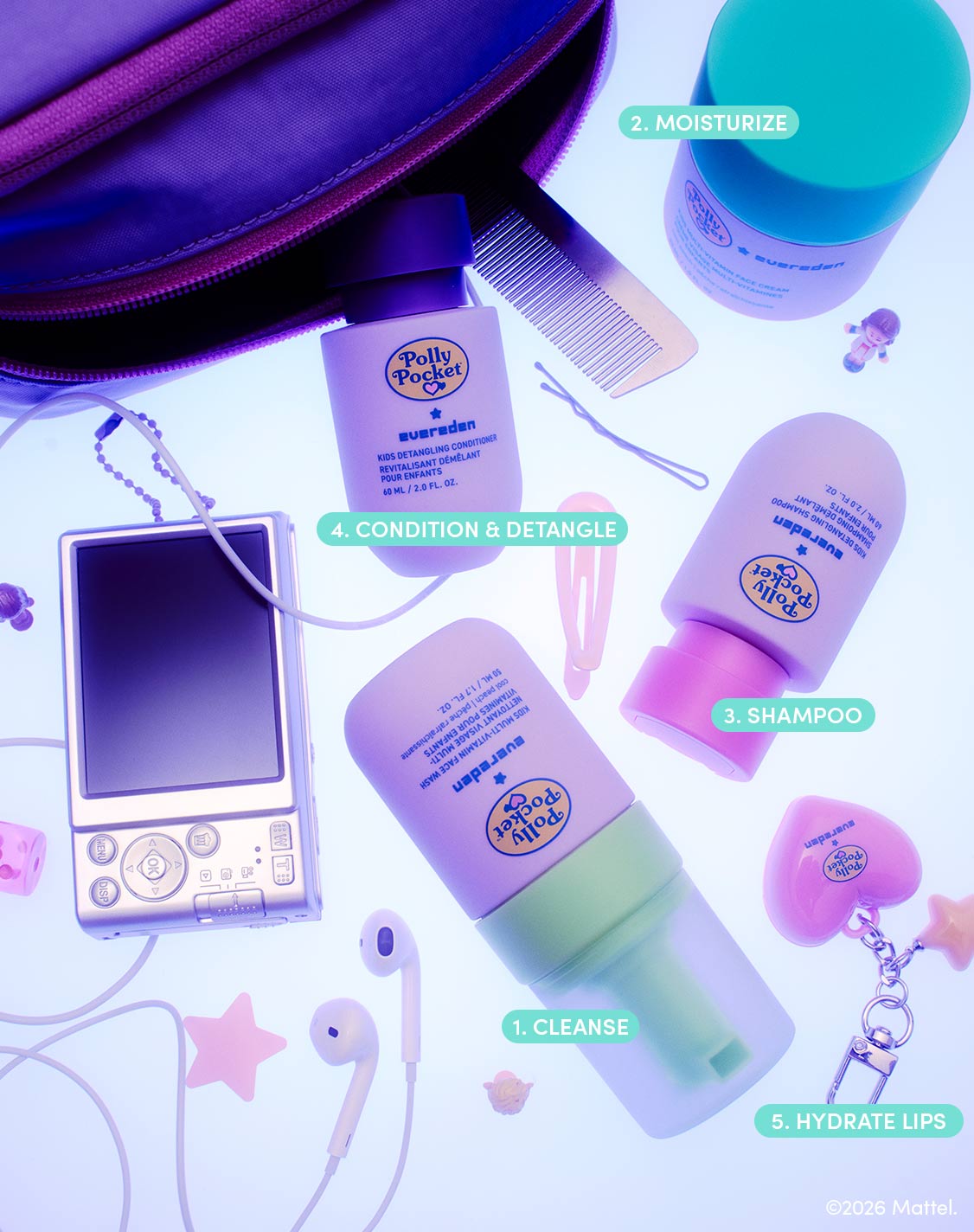 The five-step routine: 1. Cleanse with Kids Multi-Vitamin Face Wash, 2. Moisturize with Kids Multi-Vitamin Face Cream, 3. Shampoo, 4. Condition and detangle, 5. Hydrate lips with the lip balm.
